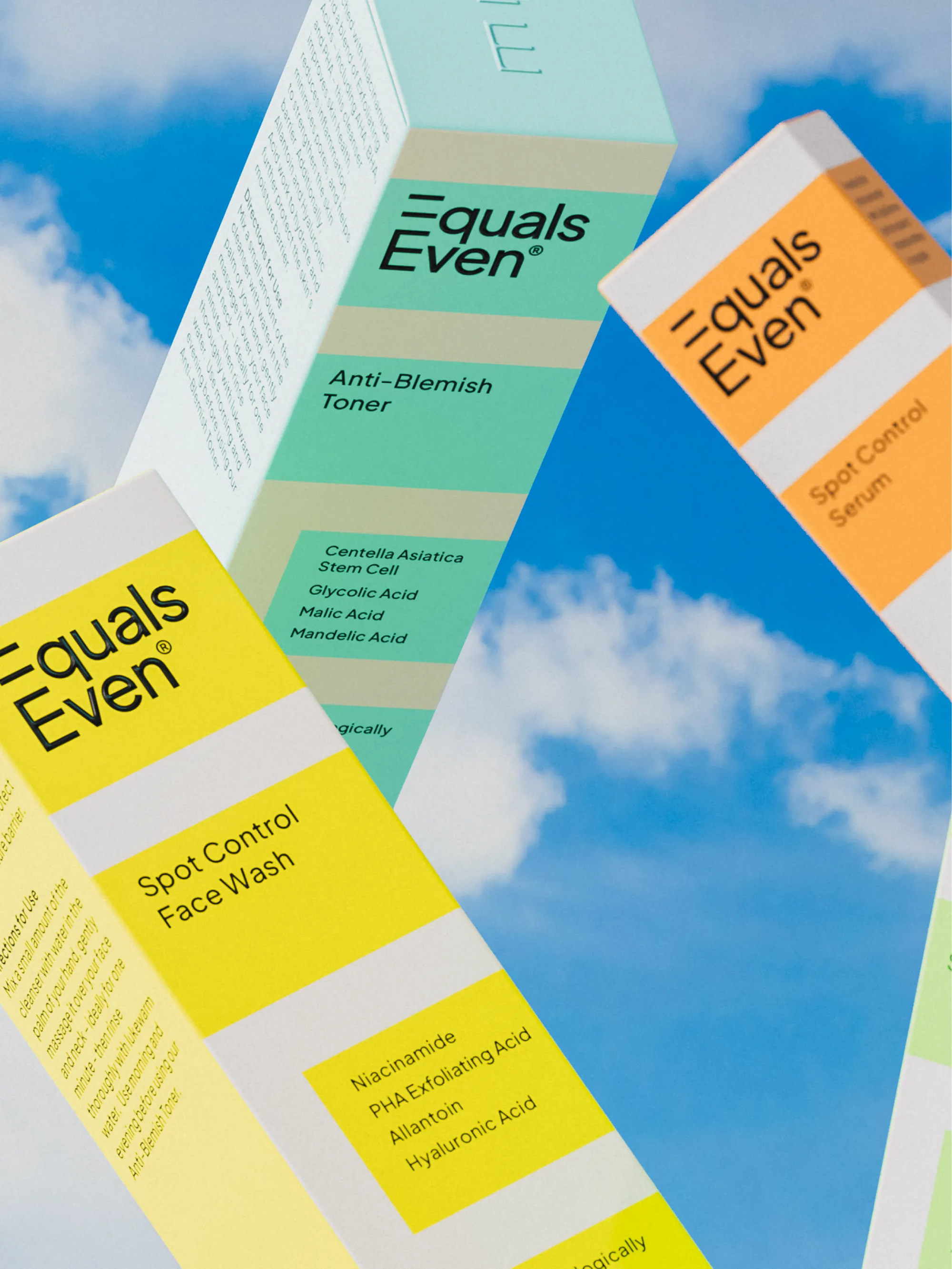 Image of Equals Even products flying through a sunny blue sky