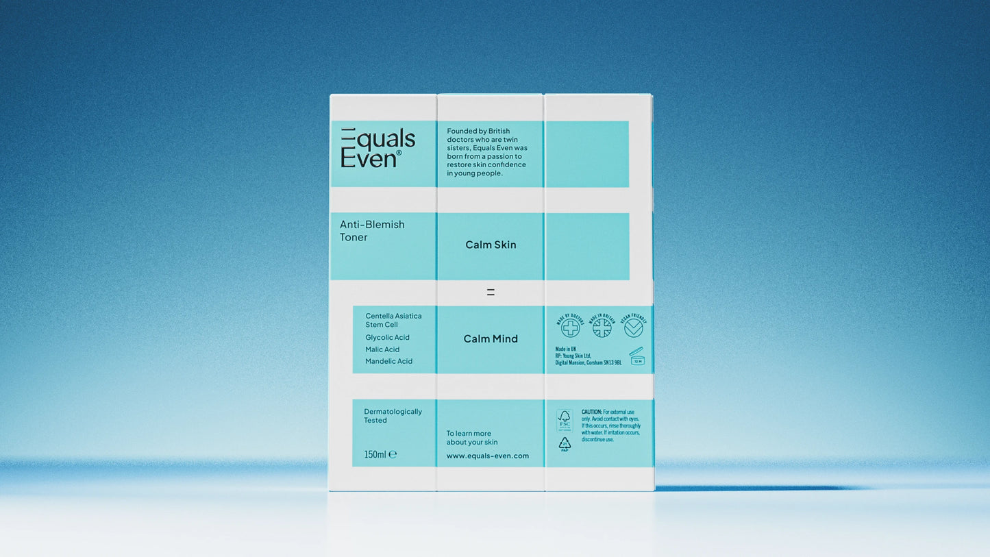 A box of Anti Blemish Toner is shown against a blue gradient background, with packaging that highlights benefits for calm, glowing skin and mind in turquoise and white blocks.