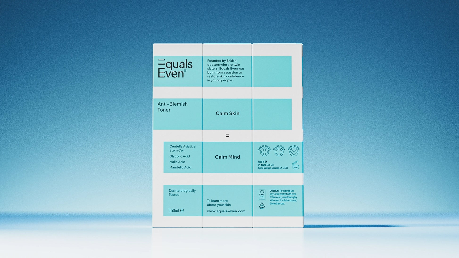 A box of Anti Blemish Toner is shown against a blue gradient background, with packaging that highlights benefits for calm, glowing skin and mind in turquoise and white blocks.