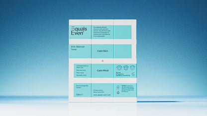 A box of Anti Blemish Toner is shown against a blue gradient background, with packaging that highlights benefits for calm, glowing skin and mind in turquoise and white blocks.