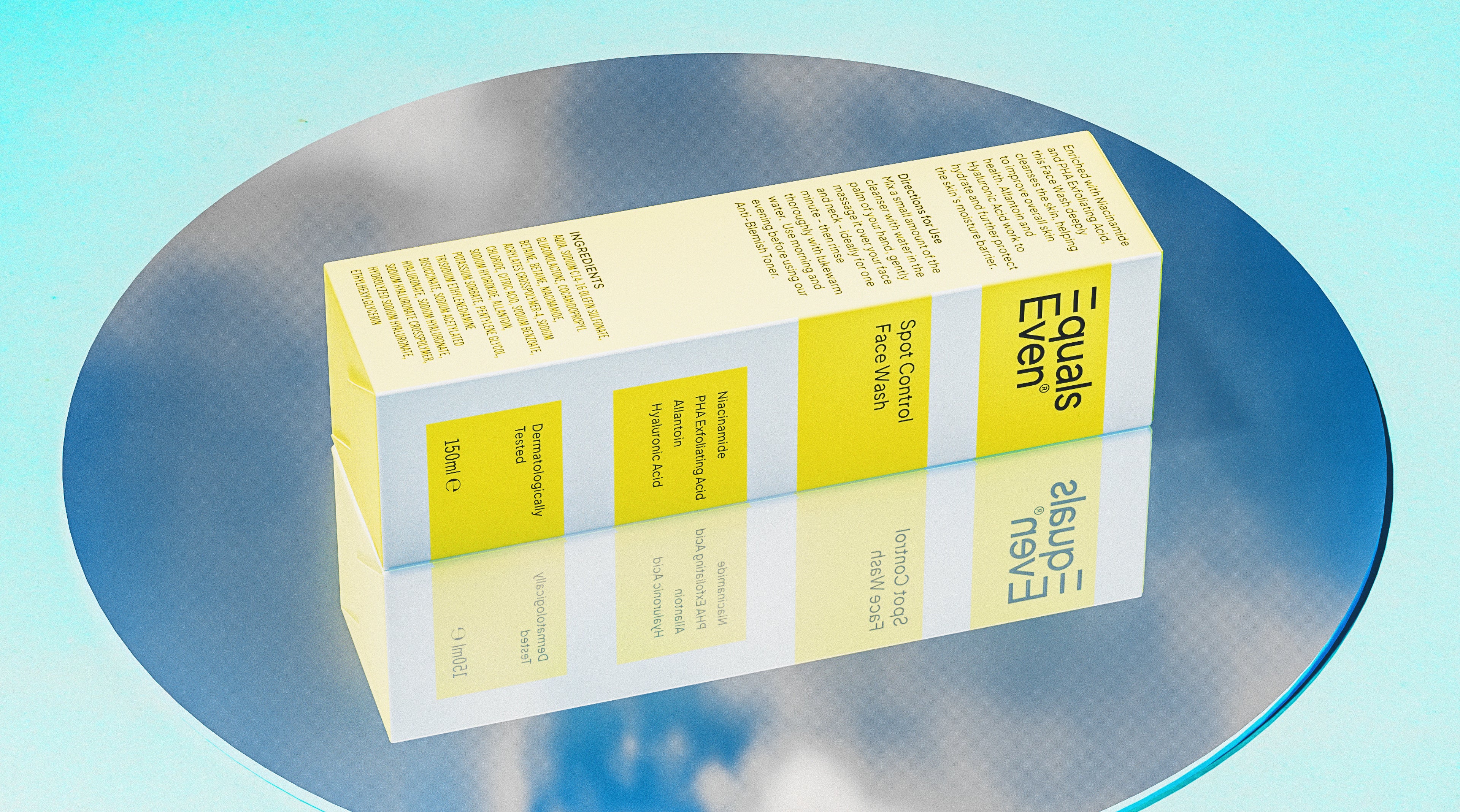 A yellow and white box labeled Equals Even Special Oil Face Wash lies on a round, reflective surface against a blue sky with clouds, creating a mirrored reflection of the box and text below it.