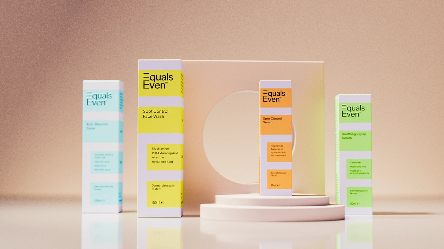 Four skincare product boxes from the brand Equals Even are displayed on a beige backdrop, arranged around a circular podium and geometric shapes. The boxes are labeled for toner, facial wash, serum, and repair serum.