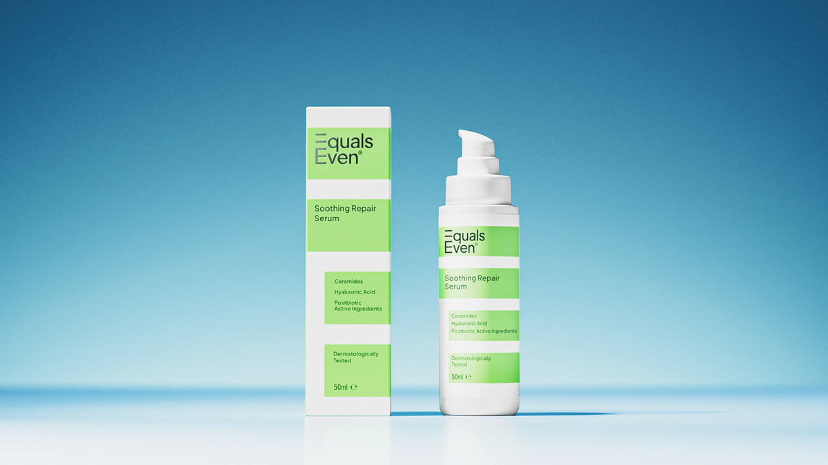 A bottle and box of Equals Even Soothing Repair Serum, featuring green and white labels and key ingredients like ceramides and hyaluronic acid, are shown on a blue gradient background.