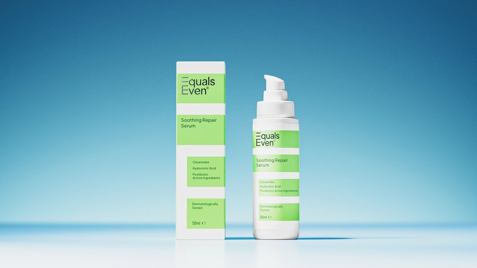 A bottle and box of Equals Even Soothing Repair Serum, featuring green and white labels and key ingredients like ceramides and hyaluronic acid, are shown on a blue gradient background.