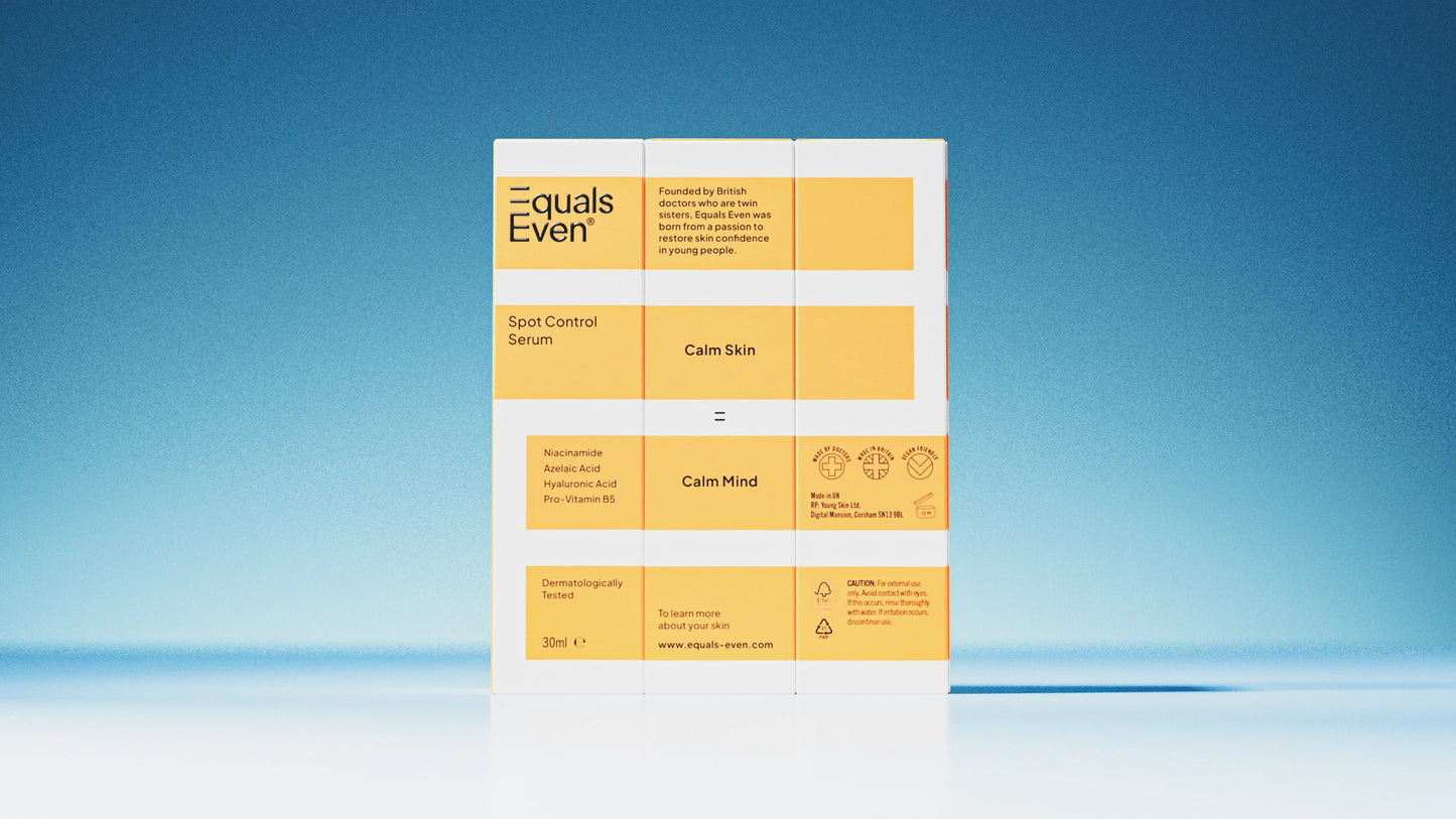 Equals Even orange spot control serumpackaging on a blue background