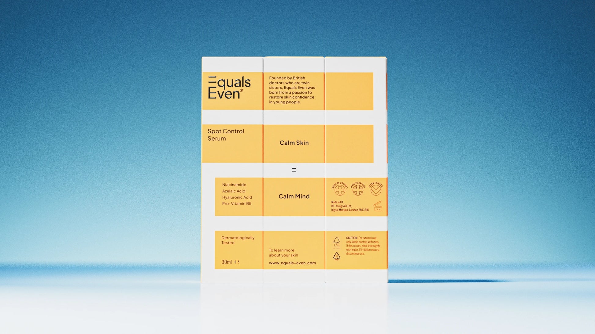 Equals Even orange spot control serumpackaging on a blue background